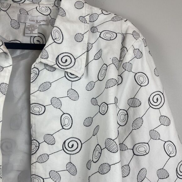 Lucy & Laurel Jacket Womens 2X White Gray‎ Geometric Cotton Open Front Artsy Art - Picture 2 of 8